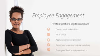 ©2017 Avanade Inc. All Rights Reserved.
Employee Engagement
Pivotal aspect of a Digital Workplace
Owned by all stakeholders
HR is critical
Apply neuroscience principles
Exploit user-experience design practices
Employees’ feedback & participation
 