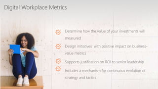 ©2018 Avanade Inc. All Rights Reserved. 32
Digital Workplace Metrics
Determine how the value of your investments will
measured
Design initiatives with positive impact on business-
value metrics
Supports justification on ROI to senior leadership
Includes a mechanism for continuous evolution of
strategy and tactics
 