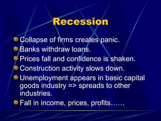 Recession
Collapse of firms creates panic.
Banks withdraw loans.
Prices fall and confidence is shaken.
Construction activity slows down.
Unemployment appears in basic capital
goods industry => spreads to other
industries.
Fall in income, prices, profits……
 