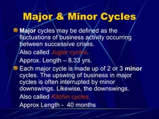 Major & Minor Cycles
Major cycles may be defined as the
fluctuations of business activity occurring
between successive crises.
Also called Juglar cycles.
Approx. Length – 8.33 yrs.
Each major cycle is made up of 2 or 3 minor
cycles. The upswing of business in major
cycles is often interrupted by minor
downswings. Likewise, the downswings.
Also called Kitchin cycles.
Approx Length - 40 months
 