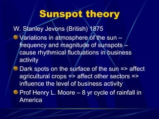Sunspot theory
W. Stanley Jevons (British) 1875
Variations in atmosphere of the sun –
frequency and magnitude of sunspots –
cause rhythmical fluctuations in business
activity
Dark spots on the surface of the sun => affect
agricultural crops => affect other sectors =>
influence the level of business activity
Prof Henry L. Moore – 8 yr cycle of rainfall in
America
 