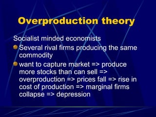 Overproduction theory
Socialist minded economists
Several rival firms producing the same
commodity
want to capture market => produce
more stocks than can sell =>
overproduction => prices fall => rise in
cost of production => marginal firms
collapse => depression
 