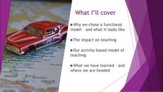 What I’ll cover
Why we chose a functional
model – and what it looks like
The impact on teaching
Our activity-based model of
teaching
What we have learned – and
where we are headed
 