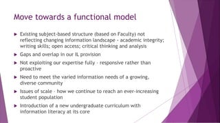 Move towards a functional model
 Existing subject-based structure (based on Faculty) not
reflecting changing information landscape - academic integrity;
writing skills; open access; critical thinking and analysis
 Gaps and overlap in our IL provision
 Not exploiting our expertise fully – responsive rather than
proactive
 Need to meet the varied information needs of a growing,
diverse community
 Issues of scale – how we continue to reach an ever-increasing
student population
 Introduction of a new undergraduate curriculum with
information literacy at its core
 