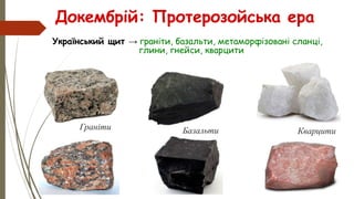 Докембрій: Протерозойська ера
Український щит → граніти, базальти, метаморфізовані сланці,
глини, гнейси, кварцити
Граніти КварцитиБазальти
 