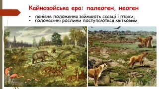 • панівне положення займають ссавці і птахи,
• голонасінні рослини поступаються квітковим
Кайнозойська ера: палеоген, неоген
 