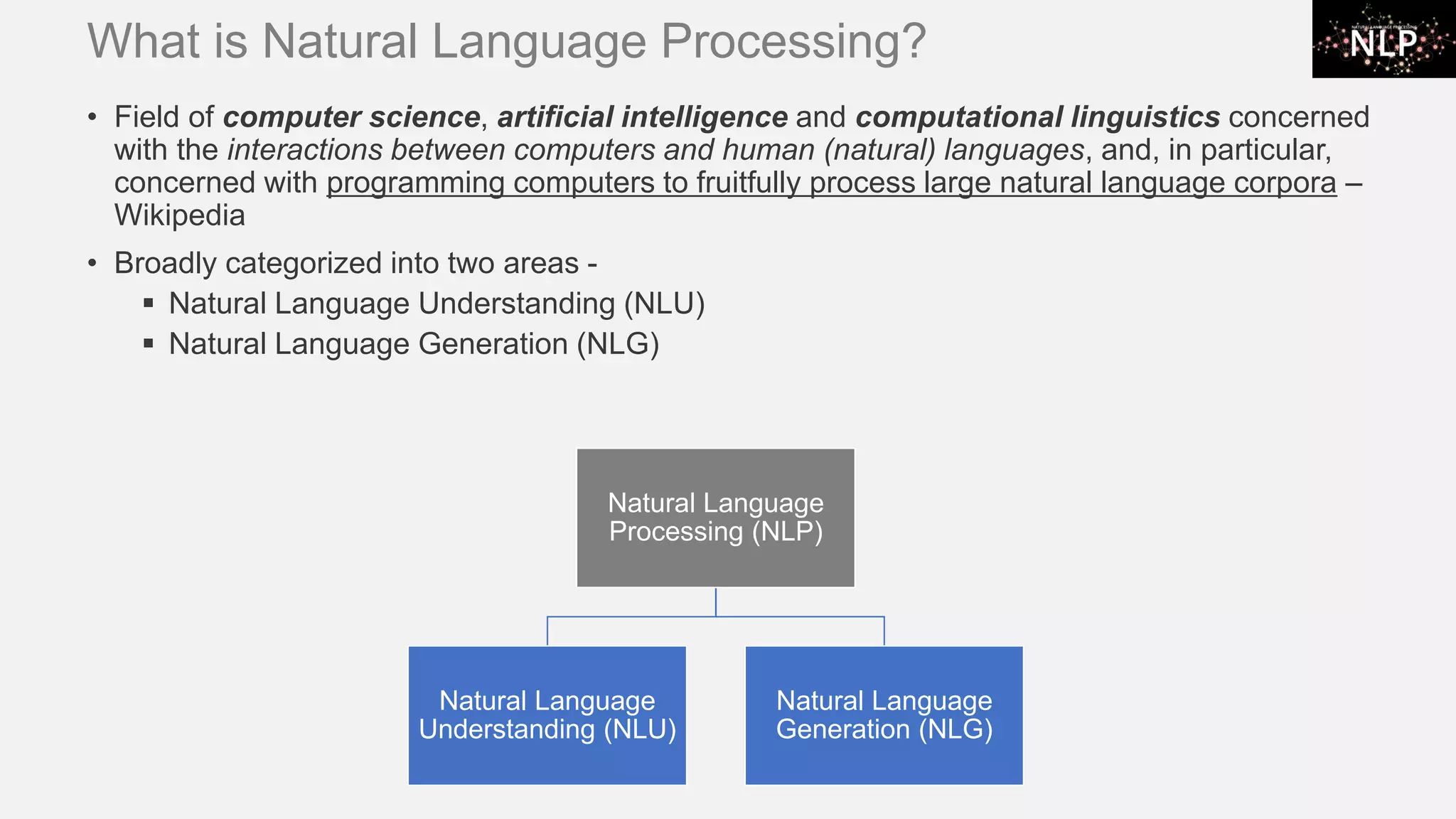 What is Natural Language Processing? • Field of computer science, artificial intelligence and computational linguistics concerned with the interactions between computers and human (natural) languages, and, in particular, concerned with programming computers to fruitfully process large natural language corpora – Wikipedia • Broadly categorized into two areas - ▪ Natural Language Understanding (NLU) ▪ Natural Language Generation (NLG) Natural Language Processing (NLP) Natural Language Understanding (NLU) Natural Language Generation (NLG) 