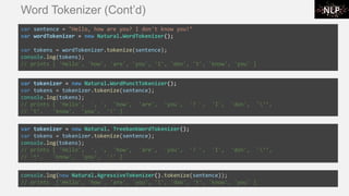 Word Tokenizer (Cont’d)
var sentence = "Hello, how are you? I don't know you!"
var wordTokenizer = new Natural.WordTokenizer();
var tokens = wordTokenizer.tokenize(sentence);
console.log(tokens);
// prints [ 'Hello', 'how', 'are', 'you', 'I', 'don', 't', 'know', 'you' ]
var tokenizer = new Natural.WordPunctTokenizer();
var tokens = tokenizer.tokenize(sentence);
console.log(tokens);
// prints [ 'Hello', ', ', 'how', 'are', 'you', '? ', 'I', 'don', '‘’,
// 't’, 'know', 'you', '!' ]
var tokenizer = new Natural. TreebankWordTokenizer();
var tokens = tokenizer.tokenize(sentence);
console.log(tokens);
// prints [ 'Hello', ', ', 'how', 'are', 'you', '? ', 'I', 'don', '‘’,
// 't’, 'know', 'you', '!' ]
console.log(new Natural.AgressiveTokenizer().tokenize(sentence));
// prints ['Hello', 'how', 'are', 'you', 'I', 'don', 't', 'know', 'you' ]
 