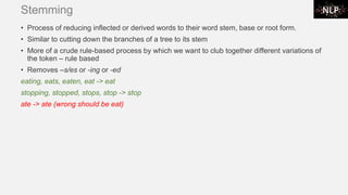 Stemming
• Process of reducing inflected or derived words to their word stem, base or root form.
• Similar to cutting down the branches of a tree to its stem
• More of a crude rule-based process by which we want to club together different variations of
the token – rule based
• Removes –s/es or -ing or -ed
eating, eats, eaten, eat -> eat
stopping, stopped, stops, stop -> stop
ate -> ate (wrong should be eat)
 