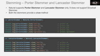 Stemming – Porter Stemmer and Lancaster Stemmer
var porterStemmer = Natural.PorterStemmer;
console.log(porterStemmer.stem("ate")); // prints at
console.log(porterStemmer.stem("eating")); // prints eat
console.log(porterStemmer.stem("eats")); // prints eat
console.log(porterStemmer.stem("eat")); // prints eat
console.log(porterStemmer.stem("agreement")); // prints agreement
var lancasterStemmer = Natural.LancasterStemmer;
console.log(lancasterStemmer.stem("ate")); // prints at
console.log(lancasterStemmer.stem("eating")); // prints eat
console.log(lancasterStemmer.stem("eats")); // prints eat
console.log(lancasterStemmer.stem("eat")); // prints eat
console.log(lancasterStemmer.stem("agreement")); // prints agr
• Natural supports Porter Stemmer and Lancaster Stemmer only. It does not support Snowball
Stemmer.
• Both the stemmers provide a stem method
 