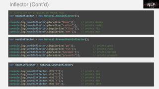 Inflector (Cont’d)
// pluralize or singularize nouns only
var nounInflector = new Natural.NounInflector();
console.log(nounInflector.pluralize("Book")); // prints Books
console.log(nounInflector.pluralize("radius")); // prints radii
console.log(nounInflector.singularize("flies")); // prints fly
console.log(nounInflector.singularize("men")); // prints man
var countInflector = Natural.CountInflector;
console.log(countInflector.nth("1")); // prints 1st
console.log(countInflector.nth("2")); // prints 2nd
console.log(countInflector.nth("3")); // prints 3rd
console.log(countInflector.nth("4")); // prints 4th
console.log(countInflector.nth("10")); // prints 10th
var verbInflector = new Natural.PresentVerbInflector();
console.log(verbInflector.singularize("go")); // prints goes
console.log(verbInflector.singularize("run")); // prints runs
console.log(verbInflector.pluralize("becomes")); // prints become
console.log(verbInflector.pluralize("presents")); // prints present
 