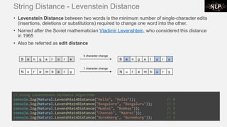 String Distance - Levenstein Distance
• Levenstein Distance between two words is the minimum number of single-character edits
(insertions, deletions or substitutions) required to change one word into the other.
• Named after the Soviet mathematician Vladimir Levenshtein, who considered this distance
in 1965
• Also be referred as edit distance
// Using Levenshtein Distance algorithm
console.log(Natural.LevenshteinDistance("Hello", "Hello")); // 0
console.log(Natural.LevenshteinDistance("Bangalore", "Bengaluru")); // 3
console.log(Natural.LevenshteinDistance("Mumbai", "Bombay")); // 3
console.log(Natural.LevenshteinDistance("Chennai", "Madras")); // 6
console.log(Natural.LevenshteinDistance("Nuremberg", "Nuremburg")); // 1
B a n g a l o r e B e n g a l u r u
3 character change
N u r e m b e r g N u r e m b u r g
1 character change
 
