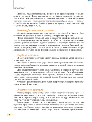 ВВедение
12
Покровы тела представлены кожей и ее производными — воло-
сами и ногтями. Кожа предохраняет организм человека от попада-
ния в него микроорганизмов и вредных веществ. Ногти защищают
кончики пальцев от механических повреждений, а волосы — голову
от перегрева на солнце. Брови и ресницы препятствуют попаданию
в глаза пыли, пота и т. п.
Опорно-двигательная система
Опорно-двигательная система состоит из костей и мышц. Она
отвечает за движения тела и защиту внутренних органов.
Череп защищает головной мозг и является одной из самых проч-
ных структур организма человека, а ребра и грудина прикрывают
органы грудной полости. Однако защитные функции выполняют не
только кости: мышцы живота предохраняют органы брюшной по-
лости от повреждений. Также кости и мышцы обеспечивают опору
внутренним органам и их фиксированное положение в организме.
нервная система
В состав нервной системы входят нервы, нервные узлы, спинной
и головной мозг.
Эта система отвечает за управление всем организмом: она обеспе-
чивает взаимодействие отдельных органов и частей тела с помощью
нервных импульсов.
Для осуществления такого взаимодействия в нервной системе час-
то образуются так называемые рефлекторные дуги. Они объединяют
в одну структуру рецепторы и те органы, которые должны отвечать
на сигналы, поступающие из внешней среды. В состав этих дуг входит
два или более нейронов.
Строение рефлекторной дуги будет подробно рассмотрено при изу-
чении нервной системы.
Эндокринная система
Эндокринную систему образуют железы внутренней секреции. Их
называют так потому, что они выделяют вещества, синтезируемые
ими, не в окружающую среду, а в кровь или лимфу, которые явля-
ются частью внутренней среды организма.
Эндокринная система, как и нервная, осуществляет регуляцию
функций организма и обеспечивает согласованные действия его орга-
нов и систем. Однако делает она это по-другому: с помощью специаль-
ных веществ — гормонов. Такая регуляция называется гуморальной.
 