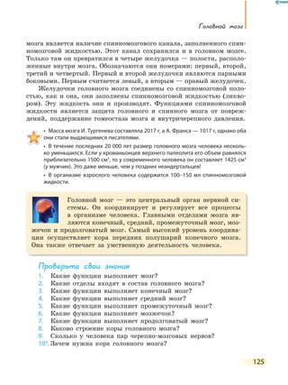 125
Головной мозг
мозга является наличие спинномозгового канала, заполненного спин-
номозговой жидкостью. Этот канал сохранился и в головном мозге.
Только там он превратился в четыре желудочка — полости, располо-
женные внутри мозга. Обозначаются они номерами: первый, второй,
третий и четвертый. Первый и второй желудочки являются парными
боковыми. Первым считается левый, а вторым — правый желудочек.
Желудочки головного мозга соединены со спинномозговой поло-
стью, как и она, они заполнены спинномозговой жидкостью (ликво-
ром). Эту жидкость они и производят. Функциями спинномозговой
жидкости является защита головного и спинного мозга от повреж-
дений, поддержание гомеостаза мозга и внутричерепного давления.
•  Масса мозга И. Тургенева составляла 2017 г, а А. Франса — 1017 г, однако оба 
они стали выдающимися писателями.
•  В течение последних 20 000 лет размер головного мозга человека несколь-
ко уменьшился. Если у кроманьонцев верхнего палеолита его объем равнялся
приблизительно 1500 см3
, то у современного человека он составляет 1425 см3
(у мужчин). Это даже меньше, чем у поздних неандертальцев!
•  В организме взрослого человека содержится 100–150 мл спинномозговой 
жидкости.
Головной мозг — это центральный орган нервной си-
стемы. Он координирует и регулирует все процессы
в организме человека. Главными отделами мозга яв-
ляются конечный, средний, промежуточный мозг, моз-
жечок и продолговатый мозг. Самый высокий уровень координа-
ции осуществляет кора передних полушарий конечного мозга.
Она также отвечает за умственную деятельность человека.
Проверьте свои знания
1. Какие функции выполняет мозг?
2. Какие отделы входят в состав головного мозга?
3. Какие функции выполняет конечный мозг?
4. Какие функции выполняет средний мозг?
5. Какие функции выполняет промежуточный мозг?
6. Какие функции выполняет мозжечок?
7. Какие функции выполняет продолговатый мозг?
8. Каково строение коры головного мозга?
9. Сколько у человека пар черепно-мозговых нервов?
10*. Зачем нужна кора головного мозга?
 