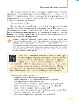 Зрительная сенсорная система
137
При попадании света на фоторецепторы в них возникают сложные
процессы, обусловливающие нервное возбуждение — сигнал. Он по-
ступает по зрительному нерву в подкорковые центры зрения, затем
направляется в кору затылочных долей мозга, где воспринимается
в виде зрительного ощущения.
Восприятие цвета
Вы уже знаете, что колбочки — это рецепторы дневного зрения,
которые способны воспринимать различные цвета. Цветовое зрение
обеспечивается тремя типами колбочек. Рецепторы первого типа воз-
буждаются красным светом, второго — зеленым, а третьего — синим.
Восприятие других цветов возникает вследствие возбуждения этих
колбочек в разных соотношениях.
•  Окраску  радужной  оболочки  обеспечивает  вещество  черного  цве-
та меланин. А  разный цвет глаз обусловливается различным количеством
и пространственным распределением меланина в радужной оболочке.
•  У человека после 40 лет наступает резкое снижение аккомодационной способ-
ности: он перестает различать предметы на близком расстоянии. Это явление
называется старческой дальнозоркостью. Ее развитие связано с тем, что хрус-
талик становится менее эластичным.
Зрительная сенсорная система состоит из глаз, зри-
тельных нервов и зрительной зоны в затылочной части
коры головного мозга. Глаз — это парный орган, ко-
торый расположен в глазных впадинах черепа и со-
стоит из глазного яблока и вспомогательного аппарата глаза (веки,
брови, ресницы, мышцы и слезные железы). Глазное яблоко со-
стоит из трех оболочек, хрусталика и стекловидного тела. Хру-
сталик обеспечивает фокусировку изображения на сетчатке.
Проверьте свои знания
1. Какую функцию выполняет хрусталик?
2. Какой элемент глаза воспринимает изображение?
3. Как происходит аккомодация глаза?
4. Какие структуры входят во вспомогательный аппарат?
5. Какие компоненты входят в состав глазного яблока?
6. Какие клетки входят в состав сетчатки?
7*. Почему палочки сетчатки могут работать при гораздо более
слабом освещении, чем колбочки?
8*. Как глаз воспринимает цветное изображение?
 
