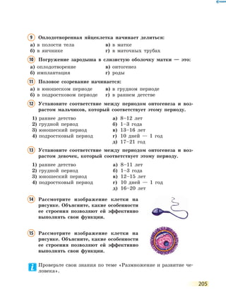 205
9 Оплодотворенная яйцеклетка начинает делиться:
а) в полости тела в) в матке
б) в яичнике г) в маточных трубах
10 Погружение зародыша в слизистую оболочку матки — это:
а) оплодотворение в) онтогенез
б) имплантация г) роды
11 Половое созревание начинается:
а) в юношеском периоде в) в грудном периоде
б) в подростковом периоде г) в раннем детстве
12 Установите соответствие между периодом онтогенеза и воз-
растом мальчиков, который соответствует этому периоду.
1) раннее детство
2) грудной период
3) юношеский период
4) подростковый период
а) 8–12 лет
б) 1–3 года
в) 13–16 лет
г) 10 дней — 1 год
д) 17–21 год
13 Установите соответствие между периодом онтогенеза и воз-
растом девочек, который соответствует этому периоду.
1) раннее детство
2) грудной период
3) юношеский период
4) подростковый период
а) 8–11 лет
б) 1–3 года
в) 12–15 лет
г) 10 дней — 1 год
д) 16–20 лет
14 Рассмотрите изображение клетки на
рисунке. Объясните, какие особенности
ее строения позволяют ей эффективно
выполнять свои функции.
15 Рассмотрите изображение клетки на
рисунке. Объясните, какие особенности
ее строения позволяют ей эффективно
выполнять свои функции.
Проверьте свои знания по теме «Размножение и развитие че-
ловека».
 