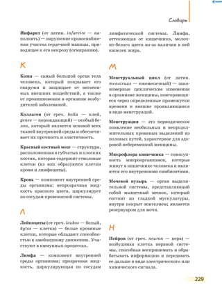 Словарь
229
Инфаркт (от латин. іnfarcire — на-
полнять) — нарушение кровоснабже-
ния участка сердечной мышцы, при-
водящее к его некрозу (отмиранию).
К
Кожа — самый большой орган тела
человека, который покрывает его
снаружи и защищает от негатив-
ных внешних воздействий, а также
от проникновения в организм возбу-
дителей заболеваний.
Коллаген (от греч. kolla — клей,
genes — порождающий) — особый бе-
лок, который является основой всех
тканей внутренней среды и обеспечи-
вает их прочность и эластичность.
Красный костный мозг — структура,
расположенная в губчатых и плоских
костях, которая содержит стволовые
клетки (из них образуются клетки
крови и лимфоциты).
Кровь — компонент внутренней сре-
ды организма; непрозрачная жид-
кость красного цвета, циркулирует
по сосудам кровеносной системы.
Л
Лейкоциты (от греч. leukos — белый,
kytos — клетка) — белые кровяные
клетки, которые обладают способно-
стью к амебоидному движению. Уча-
ствуют в иммунных процессах.
Лимфа — компонент внутренней
среды организма; прозрачная жид-
кость, циркулирующая по сосудам
лимфатической системы. Лимфа,
оттекающая от кишечника, молоч-
но-белого цвета из-за наличия в ней
капелек жира.
М
Менструальный цикл (от латин.
menstruus — ежемесячный) — зако-
номерные циклические изменения
в организме женщины, повторяющи-
еся через определенные промежутки
времени и внешне проявляющиеся
в виде менструаций.
Менструация — это периодическое
появление необильных и непродол-
жительных кровяных выделений из
половых путей, характерное для здо-
ровой небеременной женщины.
Микрофлора кишечника — совокуп-
ность микроорганизмов, которые
живут в кишечнике человека и явля-
ются его внутренними симбионтами.
Мочевой пузырь — орган выдели-
тельной системы, представляющий
собой мышечный мешок, который
состоит из гладкой мускулатуры,
внутри покрыт эпителием; является
резервуаром для мочи.
Н
Нейрон (от греч. neuron — нерв) —
возбудимая клетка нервной систе-
мы, способная воспринимать и обра-
батывать информацию и передавать
ее дальше в виде электрического или
химического сигнала.
 