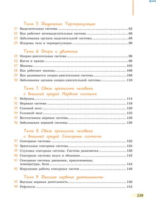239
Тема 5. Выделение. Терморегуляция
21	 Выделительная система.................................................................82
22	 Как работает мочевыделительная система.......................................86
23	 Заболевания органов выделительной системы..................................88
24	 Покровы тела и терморегуляция....................................................90
Тема 6. Опора и движение
25	 Опорно-двигательная система.........................................................96
26	 Кости и хрящи.............................................................................98
27	 Мышцы...................................................................................... 102
28	 Как работают мышцы.................................................................. 106
29	 Как развивается опорно-двигательная система............................... 108
30	 Заболевания органов опорно-двигательной системы........................ 110
Тема 7. Связь организма человека
с внешней средой. Нервная система
31	 Нейроны..................................................................................... 114
32	 Нервная система......................................................................... 118
33	 Спинной мозг.............................................................................. 120
34	 Головной мозг............................................................................. 122
35	 Вегетативная нервная система...................................................... 126
36	 Заболевания нервной системы...................................................... 128
Тема 8. Связь организма человека
с внешней средой. Сенсорные системы
37	 Сенсорные системы..................................................................... 132
38	 Зрительная сенсорная система...................................................... 134
39	 Слуховая сенсорная система. Система равновесия.......................... 138
40	 Сенсорные системы вкуса и обоняния........................................... 142
41	Сенсорные системы движения, прикосновения,
температуры, боли....................................................................... 144
42	 Нарушение работы сенсорных систем........................................... 146
Тема 9. Высшая нервная деятельность
43	 Высшая нервная деятельность...................................................... 150
44	 Рефлексы................................................................................... 154
 