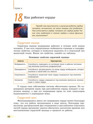 ТеМа 4
68
Сердечная мышца
Сердечная мышца непрерывно работает в течение всей жизни
человека. У нее есть определенные особенности строения и специфи-
ческие свойства, которые и позволили выделить ее в отдельный тип
мышечной ткани. Какие это свойства, узнайте из таблицы.
Основные свойства сердечной мышцы
Свойство Характеристика
Возбудимость Способность переходить из состояния покоя в рабочее состояние
под влиянием различных раздражителей
Проводимость Способность распространять по всему сердцу возбуждение, которое
возникло в какой-либо его области
Сократимость Способность мышечной ткани сердца сокращаться под влиянием
возбуждения
Автоматия Способность сердца сокращаться под влиянием импульсов, возника-
ющих в самом сердце
У сердца своя собственная система обеспечения кровью. По ко-
ронарным артериям кровь при расслаблении сердца попадает в сер-
дечную мышцу, а при его сокращении кровь из этих капилляров
выдавливается в коронарные вены.
Сердечный цикл
Функционировать много лет непрерывно сердце может благодаря
тому, что его работа организована в виде цикла. Благодаря пра-
вильному распределению фаз сокращения и расслабления отдельных
частей сердца организму удается обеспечить достаточно времени для
восстановления сердечной мышцы в процессе ее работы.
Прежде чем приступить к изучению работы сердца
человека, вспомните, на какие камеры оно разделено.
Чем отличается сердце человека от сердца рыбы? Ка-
кие слои выделяют в стенке сердца и какие функции
они выполняют?
18Как работает сердце
 