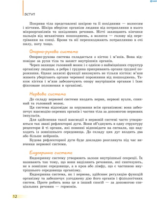 ВстУп
12
Покриви тіла представлені шкірою та її похідними — волоссям
і нігтями. Шкіра вберігає організм людини від потрапляння в нього
мікроорганізмів та шкідливих речовин. Нігті захищають кінчики
пальців від механічних пошкоджень, а волосся — голову від пере-
грівання на сонці. Брови та вії перешкоджають потраплянню в очі
пилу, поту тощо.
Опорно-рухова система
Опорно-рухова система складається з кісток і м’язів. Вона від-
повідає за рухи тіла та захист внутрішніх органів.
Череп захищає головний мозок і є однією з найміцніших структур
організму людини, а ребра і грудина прикривають органи грудної по-
рожнини. Однак захисні функції виконують не тільки кістки: м’язи
живота уберігають органи черевної порожнини від пошкоджень. Та-
кож кістки і м’язи забезпечують опору внутрішнім органам і їхнє
фіксоване положення в організмі.
Нервова система
До складу нервової системи входять нерви, нервові вузли, спин-
ний та головний мозок.
Ця система відповідає за керування всім організмом: вона забез-
печує взаємодію окремих органів і частин тіла за допомогою нервових
імпульсів.
Для здійснення такої взаємодії в нервовій системі часто утворю-
ються так звані рефлекторні дуги. Вони об’єднують в одну структуру
рецептори й ті органи, які повинні відповідати на сигнали, що над-
ходять із зовнішнього середовища. До складу цих дуг входить два
або більше нейронів.
Будова рефлекторної дуги буде докладно розглянута під час ви-
вчення нервової системи.
ендокринна система
Ендокринну систему утворюють залози внутрішньої секреції. Їх
називають так тому, що вони виділяють речовини, які синтезують,
не в зовнішнє середовище, а в кров або лімфу, що є частиною вну-
трішнього середовища організму.
Ендокринна система, як і нервова, здійснює регуляцію функцій
організму та забезпечує узгоджену дію його органів і фізіологічних
систем. Проте робить вона це в інший спосіб — за допомогою спе-
ціальних речовин — гормонів.
 