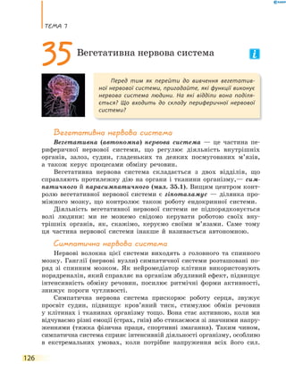 теМа 7
126
Вегетативна нервова система
Вегетативна (автономна) нервова система — це частина пе-
риферичної нервової системи, що регулює діяльність внутрішніх
органів, залоз, судин, гладеньких та деяких посмугованих м’язів,
а також керує процесами обміну речовин.
Вегетативна нервова система складається з двох відділів, що
справляють протилежну дію на органи і тканини організму,— сим-
патичного й парасимпатичного (мал. 35.1). Вищим центром конт-
ролю вегетативної нервової системи є гіпоталамус — ділянка про-
міжного мозку, що контролює також роботу ендокринної системи.
Діяльність вегетативної нервової системи не підпорядковується
волі людини: ми не можемо свідомо керувати роботою своїх вну-
трішніх органів, як, скажімо, керуємо своїми м’язами. Саме тому
ця частина нервової системи інакше й називається автономною.
симпатична нервова система
Нервові волокна цієї системи виходять з головного та спинного
мозку. Ганглії (нервові вузли) симпатичної системи розташовані по-
ряд зі спинним мозком. Як нейромедіатор клітини використовують
норадреналін, який справляє на організм збудливий ефект, підвищує
інтенсивність обміну речовин, посилює ритмічні форми активності,
знижує пороги чутливості.
Симпатична нервова система прискорює роботу серця, звужує
просвіт судин, підвищує кров’яний тиск, стимулює обмін речовин
у клітинах і тканинах організму тощо. Вона стає активною, коли ми
відчуваємо різні емоції (страх, гнів) або стикаємося зі значними напру-
женнями (тяжка фізична праця, спортивні змагання). Таким чином,
симпатична система сприяє інтенсивній діяльності організму, особливо
в екстремальних умовах, коли потрібне напруження всіх його сил.
Перед тим як перейти до вивчення вегетатив-
ної нервової системи, пригадайте, які функції виконує
нервова система людини. На які відділи вона поділя-
ється? Що входить до складу периферичної нервової
системи?
35Вегетативна нервова система
 