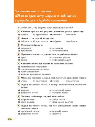 130
Узагальнення за темою
«Зв'язок організму людини із зовнішнім
середовищем. Нервова система»
У завданнях 1–12 оберіть одну правильну відповідь.
1	Система органів, що регулює діяльність усього організму:
а)	 травна	 б)	кровоносна	 в)	видільна	 г)	нервова
2	Аксон — це довгий відросток:
а)	 лейкоцита	 б)	еритроцита	 в)	нефрона	 г)	нейрона
3	Сенсорні нейрони є:
а)	 руховими	 в)	 вставними
б)	 чутливими	 г)	 вегетативними
4	Проводить сигнал від рецептора до робочого органа:
а)	 кров	 в)	 тканинна рідина
б)	 лімфа	 г)	 рефлекторна дуга
5	Спинний мозок пов’язаний із головним мозком:
а)	 епітеліальною тканиною
б)	 спинномозковими нервами
в)	 сірою речовиною
г)	 черепно-мозковими нервами
6	Оболонка спинного мозку, в якій містяться кровоносні судини:
а)	 м’яка	 б)	павутинна	 в)	тверда	 г)	еластична
7	Відділ головного мозку, в якому розташований дихальний
центр:
а)	 мозочок	 в)	 проміжний мозок
б)	 довгастий мозок	 г)	 середній мозок
8	Мозочок забезпечує людині можливість:
а)	 добре бачити	 в)	 добре спати
б)	 рівно ходити	 г)	 мати гарну пам’ять
9	Відділ головного мозку, під час ушкодження якого настає
миттєва смерть:
а)	 проміжний мозок	 в)	 середній мозок
б)	 довгастий мозок	 г)	 мозочок
 