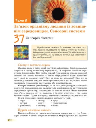 132
сенсорні системи людини
Людина живе у світі, який постійно змінюється. І щоб нормально
існувати в цьому мінливому середовищі, їй потрібно постійно отри-
мувати інформацію. Хто стоїть поряд? Яка машина подала звуковий
сигнал? На якому магазині є напис «Продукти»? Куди поставити
ногу, щоб не послизнутися? Яке на смак це морозиво? Про все це
людина дізнається завдяки своїм органам чуттів, які науковою мовою
називають сенсорними системами, або аналізаторами.
Сенсорні системи (аналізатори) — це складні структури, які сприй-
мають усі подразнення, що надходять із зовнішнього та внутрішнього
середовища організму, і проводять їх тонкий аналіз. Часто говорять
про п’ять органів чуттів людини, а інколи згадують і так зване
«шосте» чуття. Однак насправді сенсорних систем у людини більше.
Серед сенсорних систем людини виділяють такі:
• зору;
• слуху;
• рівноваги;
• смаку;
• нюху;
• дотику;
• руху;
• температури;
• болю.
Будова сенсорних систем
Вивчаючи біологію тварин, ви дізналися про органи чуттів. А сен-
сорні системи є більш широким поняттям. Окрім органів, які безпосе-
Перед тим як перейти до вивчення сенсорних сис-
тем людини, пригадайте, які органи чуттів є у тварин.
Які органи чуттів властиві ссавцям? Чи відрізняються
органи чуттів, які є у ссавців, від тих, що характерні
для риб і рептилій?
37Сенсорні системи
Тема 8
Зв’язок організму людини із зовніш-
нім середовищем. Сенсорні системи
 