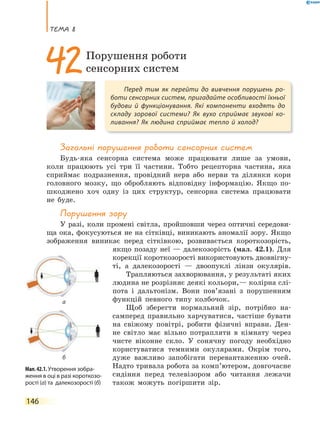 теМа 8
146
Загальні порушення роботи сенсорних систем
Будь-яка сенсорна система може працювати лише за умови,
коли працюють усі три її частини. Тобто рецепторна частина, яка
сприймає подразнення, провідний нерв або нерви та ділянки кори
головного мозку, що обробляють відповідну інформацію. Якщо по-
шкоджено хоч одну із цих структур, сенсорна система працювати
не буде.
порушення зору
У разі, коли промені світла, пройшовши через оптичні середови-
ща ока, фокусуються не на сітківці, виникають аномалії зору. Якщо
зображення виникає перед сітківкою, розвивається короткозорість,
якщо позаду неї — далекозорість (мал. 42.1). Для
корекції короткозорості використовують двоввігну-
ті, а далекозорості — двоопуклі лінзи окулярів.
Трапляються захворювання, у результаті яких
людина не розрізняє деякі кольори,— колірна слі-
пота і дальтонізм. Вони пов’язані з порушенням
функцій певного типу колбочок.
Щоб зберегти нормальний зір, потрібно на-
самперед правильно харчуватися, частіше бувати
на свіжому повітрі, робити фізичні вправи. Ден-
не світло має вільно потрапляти в кімнату через
чисте віконне скло. У сонячну погоду необхідно
користуватися темними окулярами. Окрім того,
дуже важливо запобігати перевантаженню очей.
Надто тривала робота за комп’ютером, довгочасне
сидіння перед телевізором або читання лежачи
також можуть погіршити зір.
Перед тим як перейти до вивчення порушень ро-
боти сенсорних систем, пригадайте особливості їхньої
будови й функціонування. Які компоненти входять до
складу зорової системи? Як вухо сприймає звукові ко-
ливання? Як людина сприймає тепло й холод?
42Порушення роботи
сенсорних систем
Мал.42.1.Утворення зобра-
ження в оці в разі короткозо-
рості (а) та далекозорості (б)
б
а
 