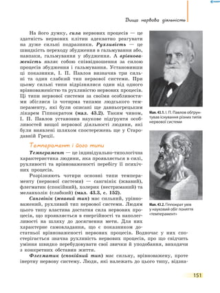 Вища нервова діяльність
151
На його думку, сила нервових процесів — це
здатність нервових клітин адекватно реагувати
на дуже сильні подразники. Рухливість  — це
швидкість переходу збудження в гальмування або,
навпаки, гальмування у збудження. А врівнова-
женість являє собою співвідношення за силою
процесів збудження і гальмування. Установивши
ці показники, І.  П.  Павлов визначив три силь-
ні та один слабкий тип нервової системи. При
цьому сильні типи відрізнялися один від одного
врівноваженістю та рухливістю нервових процесів.
Ці  типи нервової системи за своїми особливостя-
ми збіглися із чотирма типами людського тем-
пераменту, які були описані ще давньогрецьким
лікарем Гіппократом (мал. 43.2). Таким чином,
І.  П.  Павлов установив наукове підґрунтя особ­
ливостей вищої нервової діяльності людини, які
були виявлені шляхом спостережень ще у Старо-
давній Греції.
Темперамент і його типи
Темперамент — це індивідуально-типологічна
характеристика людини, яка проявляється в силі,
рухливості та врівноваженості перебігу її психіч-
них процесів.
Розрізняють чотири основні типи темпера-
менту (нервової системи) — сангвінік (жвавий),
флегматик (спокійний), холерик (нестриманий) та
меланхолік (слабкий) (мал. 43.3, с. 152).
Сангвінік (жвавий тип) має сильний, урівно-
важений, рухливий тип нервової системи. Людям
цього типу властива достатня сила нервових про-
цесів, що проявляється в енергійності та наполег­
ливості на шляху до досягнення мети. Для них
характерне самовладання, що є показником до-
статньої врівноваженості нервових процесів. Водночас у них спо-
стерігається значна рухливість нервових процесів, про що свідчить
уміння швидко перебудовувати свої звички й уподобання, виходячи
з конкретних обставин життя.
Флегматик (спокійний тип) має сильну, врівноважену, проте
інертну нервову систему. Люди, які належать до цього типу, відзна-
Мал. 43.1. І. П. Павлов обґрун-
тував існування різних типів
нервової системи
Мал. 43.2. Гіппократ увів
у науковий обіг поняття
«темперамент»
 
