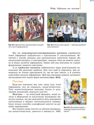 Мова. Навчання та пам’ять
159
Під час пояснювально-ілюстративного навчання сприйняття
нової інформації відбувається з одночасним її узагальненням. За-
звичай у такому випадку вам пропонуються практичні вправи або
навчальний матеріал з ілюстраціями, завдяки чому ви можете швид-
ко й міцно засвоїти інформацію. Однак цей вид навчання не сприяє
формуванню творчого мислення.
А от проблемне навчання здійснюється через розв’язування на-
вчальних або реальних проблем. Для того щоб їх вирішити, вам до-
водиться не тільки пригадувати те, що ви вже знаєте, а й учитися
самостійно шукати інформацію. Цей вид навчання вимагає активного
застосування всіх інших форм навчання (мал. 46.2).
Пам’ять
Будь-яке навчання має сенс лише тоді, коли
інформація, яку ви отримали, запам’ятовується.
Таке запам’ятовування можливе тільки із залу-
ченням механізмів людської пам’яті.
Пам’ять — це психічний феномен, який по-
лягає в збереженні та наступному відтворенні ми-
нулого досвіду, що дає можливість його повторного
застосування в процесі життєдіяльності людини.
Існує кілька способів класифікації пам’яті за різ-
ними принципами.
Які існують види пам’яті за змістом матеріалу,
що запам’ятовується, дивіться в таблиці (с. 160).
Мал. 46.1. Догматичне навчання було пошире-
не в часи Середньовіччя
Мал. 46.2. Біологічний турнір — приклад проблем-
ного навчання
Мал. 46.3.Декламація вірша —
приклад словесно-логічної
пам’яті
 