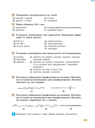 171
10	Сновидіння спостерігаються на стадії:
а)	 першій і третій	 в)	 п’ятій
б)	 другій і п’ятій	 г)	 четвертій
11	Період біоритму 0,8 с має:
а)	 травлення	 в)	 голодна перистальтика кишечника
б)	 дихання	 г)	 серцевий цикл
12	Установіть відповідність між тривалістю збереження інфор-
мації та типом пам’яті.
1)	 0,3–2 с
2)	 15–30 с
3)	 кілька років
а)	 короткочасна
б)	 довгострокова
в)	 словесно-логічна
г)	 сенсорна
13	Установіть відповідність між типом пам’яті та її визначенням.
1)	 рухова
2)	 емоційна
3)	 образна
а)	 пам’ять на зорові, слухові, нюхові, смакові,
дотикові образи
б)	 пам’ять на думки, судження, закономірнос-
ті та зв’язки між предметами і явищами
дійсності
в)	 пам’ять на позу й рух тіла
г)	 пам’ять емоцій, почуттів
14	Розгляньте зображення енцефалограм на малюнку. Поясніть,
які зі стадій сну відповідають цим енцефалограмам. Поясніть
значення сну для людини.
15	Розгляньте зображення енцефалограм на малюнку. Поясніть,
які зі стадій сну відповідають цим енцефалограмам. Поясніть,
які існують порушення сну в людини.
Перевірте свої знання з теми «Вища нервова діяльність».
а) б)
а) б) в)
 