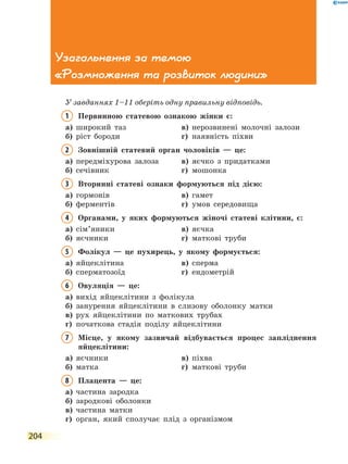204
Узагальнення за темою
«Розмноження та розвиток людини»
У завданнях 1–11 оберіть одну правильну відповідь.
1	Первинною статевою ознакою жінки є:
а)	 широкий таз	 в)	 нерозвинені молочні залози
б)	 ріст бороди	 г)	 наявність піхви
2	Зовнішній статевий орган чоловіків — це:
а)	 передміхурова залоза	 в)	 яєчко з придатками
б)	 сечівник	 г)	 мошонка
3	Вторинні статеві ознаки формуються під дією:
а)	 гормонів	 в)	 гамет
б)	 ферментів	 г)	 умов середовища
4	Органами, у яких формуються жіночі статеві клітини, є:
а)	 сім’яники	 в)	 яєчка
б)	 яєчники	 г)	 маткові труби
5	Фолікул — це пухирець, у якому формується:
а)	 яйцеклітина	 в)	 сперма
б)	 сперматозоїд	 г)	 ендометрій
6	Овуляція — це:
а)	 вихід яйцеклітини з фолікула
б)	 занурення яйцеклітини в слизову оболонку матки
в)	 рух яйцеклітини по маткових трубах
г)	 початкова стадія поділу яйцеклітини
7	Місце, у якому зазвичай відбувається процес запліднення
яйцеклітини:
а)	 яєчники	 в)	 піхва
б)	 матка	 г)	 маткові труби
8	Плацента — це:
а)	 частина зародка
б)	 зародкові оболонки
в)	 частина матки
г)	 орган, який сполучає плід з організмом
 