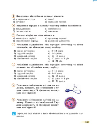205
9 Запліднена яйцеклітина починає ділитися:
а) у порожнині тіла в) матці
б) яєчнику г) маткових трубах
10 Занурення зародка в слизову оболонку матки називається:
а) заплідненням в) онтогенезом
б) імплантацією г) пологами
11 Статеве дозрівання починається в:
а) юнацькому періоді в) грудному періоді
б) підлітковому періоді г) ранньому дитинстві
12 Установіть відповідність між періодом онтогенезу та віком
хлопчиків, що відповідає цьому періоду.
1) раннє дитинство
2) грудний період
3) юнацький період
4) підлітковий період
а) 8–12 років
б) 1–3 роки
в) 13–16 років
г) 10 днів — 1 рік
д) 17–21 рік
13 Установіть відповідність між періодом онтогенезу та віком
дівчаток, що відповідає цьому періоду.
1) раннє дитинство
2) грудний період
3) юнацький період
4) підлітковий період
а) 8–11 років
б) 1–3 роки
в) 12–15 років
г) 10 днів — 1 рік
д) 16–20 років
14 Розгляньте зображення клітини на ма-
люнку. Поясніть, які особливості її бу-
дови дозволяють їй ефективно викону-
вати свої функції.
15 Розгляньте зображення клітини на ма-
люнку. Поясніть, які особливості її бу-
дови дозволяють їй ефективно викону-
вати свої функції.
Перевірте свої знання з теми «Розмноження та розвиток лю-
дини».
 
