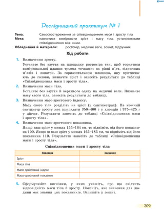 209
Дослідницький практикум № 1
Тема.	 Самоспостереження за співвідношенням маси і зросту тіла
Мета:	 навчитися вимірювати зріст і масу тіла, установлювати
співвідношення між ними.
Обладнання й матеріали:	 ростомір, медичні ваги, зошит, підручник.
Хід роботи
	1.	 Визначення зросту.
	 	 Устаньте без взуття на площадку ростоміра так, щоб торкатися
вимірювальної планки трьома точками: на рівні п’ят, сідничних
м’язів і лопаток. За горизонтальною планкою, яку притиска-
ють до голови, визначте зріст і занесіть результати до таблиці
«Співвідношення маси і зросту тіла».
	2.	 Визначення маси тіла.
	 	 Устаньте без взуття й верхнього одягу на медичні ваги. Визначте
масу свого тіла, занесіть результати до таблиці.
	3.	 Визначення масо-зростового індексу.
	 	 Масу свого тіла розділіть на зріст (у сантиметрах). На кожний
сантиметр зросту має припадати 350–400 г у хлопців і 375–425  г
у  дівчат. Результати занесіть до таблиці «Співвідношення маси
і  зросту тіла».
	4.	 Визначення масо-зростового показника.
	 	 Якщо ваш зріст у межах 155–164 см, то відніміть від його показни-
ка 100. Якщо ж ваш зріст у межах 165–185 см, то відніміть від його
показника 110. Результати занесіть до таблиці «Співвідношення
маси і зросту тіла».
Співвідношення маси і зросту тіла
Показник Значення
Зріст
Маса тіла
Масо-зростовий індекс
Масо-зростовий показник
	5.	 Сформулюйте висновки, у яких укажіть, про що свідчить
відповідність маси тіла й зросту. Поясніть, яке значення для лю-
дини має знання цих показників. Запишіть у зошит.
 