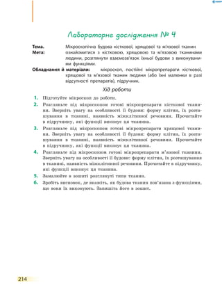 214
Лабораторне дослідження № 4
Тема.	 Мікроскопічна будова кісткової, хрящової та м’язової тканин
Мета:	 ознайомитися з кістковою, хрящовою та м’язовою тканинами
людини, розглянути взаємозв’язок їхньої будови з виконувани-
ми функціями.
Обладнання й матеріали:	 мікроскоп, постійні мікропрепарати кісткової,
хрящової та м’язової тканин людини (або їхні малюнки в разі
відсутності препаратів), підручник.
Хід роботи
	1.	 Підготуйте мікроскоп до роботи.
	2.	 Розгляньте під мікроскопом готові мікропрепарати кісткової ткани-
ни. Зверніть увагу на особливості її будови: форму клітин, їх розта-
шування в тканині, наявність міжклітинної речовини. Прочитайте
в  підручнику, які функції виконує ця тканина.
	3.	 Розгляньте під мікроскопом готові мікропрепарати хрящової ткани-
ни. Зверніть увагу на особливості її будови: форму клітин, їх розта-
шування в тканині, наявність міжклітинної речовини. Прочитайте
в  підручнику, які функції виконує ця тканина.
	4.	 Розгляньте під мікроскопом готові мікропрепарати м’язової тканини.
Зверніть увагу на особливості її будови: форму клітин, їх розташування
в тканині, наявність міжклітинної речовини. Прочитайте в підручнику,
які функції виконує ця тканина.
	5.	 Замалюйте в зошиті розглянуті типи тканин.
	6.	 Зробіть висновок, де вкажіть, як будова тканин пов’язана з функціями,
що вони їх виконують. Запишіть його в зошит.
 