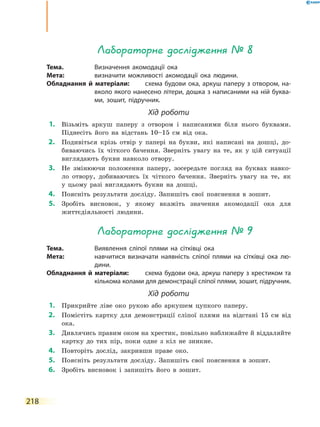 218
Лабораторне дослідження № 8
Тема.	 Визначення акомодації ока
Мета:	 визначити можливості акомодації ока людини.
Обладнання й матеріали:	 схема будови ока, аркуш паперу з отвором, на-
вколо якого нанесено літери, дошка з написаними на ній буква-
ми, зошит, підручник.
Хід роботи
	1.	 Візьміть аркуш паперу з отвором і написаними біля нього буквами.
Піднесіть його на відстань 10–15 см від ока.
	2.	 Подивіться крізь отвір у папері на букви, які написані на дошці, до-
биваючись їх чіткого бачення. Зверніть увагу на те, як у цій ситуації
виглядають букви навколо отвору.
	3.	 Не змінюючи положення паперу, зосередьте погляд на буквах навко-
ло отвору, добиваючись їх чіткого бачення. Зверніть увагу на те, як
у  цьому разі виглядають букви на дошці.
	4.	 Поясніть результати досліду. Запишіть свої пояснення в зошит.
	5.	 Зробіть висновок, у якому вкажіть значення акомодації ока для
життєдіяльності людини.
Лабораторне дослідження № 9
Тема.	 Виявлення сліпої плями на сітківці ока
Мета:	 навчитися визначати наявність сліпої плями на сітківці ока лю-
дини.
Обладнання й матеріали:	 схема будови ока, аркуш паперу з хрестиком та
кількома колами для демонстрації сліпої плями, зошит, підручник.
Хід роботи
	1.	 Прикрийте ліве око рукою або аркушем цупкого паперу.
	2.	 Помістіть картку для демонстрації сліпої плями на відстані 15 см від
ока.
	3.	 Дивлячись правим оком на хрестик, повільно наближайте й віддаляйте
картку до тих пір, поки одне з кіл не зникне.
	4.	 Повторіть дослід, закривши праве око.
	5.	 Поясніть результати досліду. Запишіть свої пояснення в зошит.
	6.	 Зробіть висновок і запишіть його в зошит.
 
