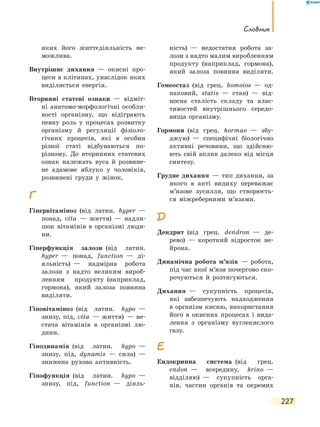 227
Словник
яких його життєдіяльність не-
можлива.
Внутрішнє дихання  — окисні про-
цеси в клітинах, унаслідок яких
виділяється енергія.
Вторинні статеві ознаки  — відміт-
ні анатомо-морфологічні особли-
вості організму, що відіграють
певну роль у процесах розвитку
організму й регуляції фізіоло-
гічних процесів, які в особин
різної статі відбуваються по-
різному. До вторинних статевих
ознак належать вуса й розвине-
не адамове яблуко у чоловіків,
розвинені груди у жінок.
Г
Гіпервітаміноз  (від латин. hyper  —
понад, vita  — життя)  — надли-
шок вітамінів в організмі люди-
ни.
Гіперфункція залози  (від латин.
hyper  — понад, function  — ді-
яльність)  — надмірна робота
залози з надто великим вироб­
ленням продукту  (наприклад,
гормона), який залоза повинна
виділяти.
Гіповітаміноз  (від латин. hypo  —
знизу, під, vita  — життя)  — не-
стача вітамінів в організмі лю-
дини.
Гіподинамія  (від латин. hypo  —
знизу, під, dynamis  — сила)  —
знижена рухова активність.
Гіпофункція  (від латин. hypo  —
знизу, під, function  — діяль-
ність)  — недостатня робота за-
лози з надто малим виробленням
продукту  (наприклад, гормона),
який залоза повинна виділяти.
Гомеостаз  (від грец. homoios  — од-
наковий, statis  — стан)  — від-
носна сталість складу та влас-
тивостей внутрішнього середо­
вища організму.
Гормони  (від грец. hormao  — збу-
джую)  — специфічні біологічно
активні речовини, що здійсню-
ють свій вплив далеко від місця
синтезу.
Грудне дихання  — тип дихання, за
якого в акті видиху переважає
м’язове зусилля, що створюєть-
ся міжреберними м’язами.
Д
Дендрит  (від грец. dendron  — де-
рево)  — короткий відросток не-
йрона.
Динамічна робота м’язів  — робота,
під час якої м’язи почергово ско-
рочуються й розтягуються.
Дихання  — сукупність процесів,
які забезпечують надходження
в організм кисню, використання
його в окисних процесах і вида-
лення з організму вуглекислого
газу.
Е
Ендокринна система  (від грец.
endon  — всередину, krino  —
відділяю)  — сукупність орга-
нів, частин органів та окремих
 