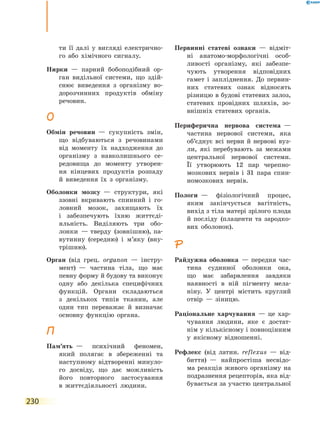 230
ти її далі у вигляді електрично-
го або хімічного сигналу.
Нирки  — парний бобоподібний ор-
ган видільної системи, що здій-
снює виведення з організму во-
дорозчинних продуктів обміну
речовин.
О
Обмін речовин  — сукупність змін,
що відбуваються з речовинами
від моменту їх надходження до
організму з навколишнього се-
редовища до моменту утворен-
ня кінцевих продуктів розпаду
й  виведення їх з організму.
Оболонки мозку  — структури, які
ззовні вкривають спинний і го-
ловний мозок, захищають їх
і  забезпечують їхню життєді-
яльність. Виділяють три обо-
лонки  — тверду  (зовнішню), па-
вутинну  (середню) і м’яку  (вну-
трішню).
Орган  (від грец. organon  — інстру-
мент)  — частина тіла, що має
певну форму й будову та виконує
одну або декілька специфічних
функцій. Органи складаються
з декількох типів тканин, але
один тип переважає й визначає
основну функцію органа.
П
Пам’ять  — психічний феномен,
який полягає в збереженні та
наступному відтворенні минуло-
го досвіду, що дає можливість
його повторного застосування
в  життєдіяльності людини.
Первинні статеві ознаки  — відміт-
ні анатомо-морфологічні особ­
ливості організму, які забезпе-
чують утворення відповідних
гамет і запліднення. До первин-
них статевих ознак відносять
різницю в будові статевих залоз,
статевих провідних шляхів, зо-
внішніх статевих органів.
Периферична нервова система  —
частина нервової системи, яка
об’єднує всі нерви й нервові вуз-
ли, які перебувають за межами
центральної нервової системи.
Її  утворюють 12 пар черепно-
мозкових нервів і 31 пара спин-
номозкових нервів.
Пологи  — фізіологічний процес,
яким закінчується вагітність,
вихід з тіла матері зрілого плода
й посліду  (плаценти та зародко-
вих оболонок).
Р
Райдужна оболонка  — передня час-
тина судинної оболонки ока,
що має забарвлення завдяки
наявності в ній пігменту мела-
ніну. У  центрі містить круглий
отвір  — зіницю.
Раціональне харчування  — це хар-
чування людини, яке є достат-
нім у кількісному і повноцінним
у якісному відношенні.
Рефлекс  (від латин. reflexus  — від-
биття)  — найпростіша несвідо-
ма реакція живого організму на
подразнення рецепторів, яка від-
бувається за участю центральної
 