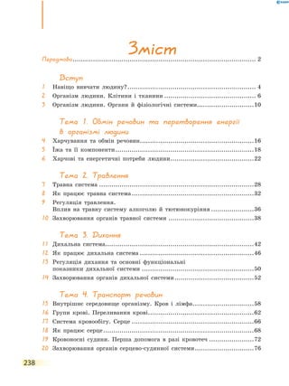 238
ЗмістПередмова........................................................................................... 2
Вступ
1	 Навіщо вивчати людину?................................................................ 4
2	 Організм людини. Клітини  і  тканини.............................................. 6
3	 Організм людини. Органи  й  фізіологічні  системи............................10
Тема 1. Обмін речовин та перетворення енергії
в організмі людини
4	 Харчування та обмін речовин.........................................................16
5	 Їжа та її компоненти.....................................................................18
6	 Харчові та енергетичні потреби  людини..........................................22
Тема 2. Травлення
7	 Травна система.............................................................................28
8	 Як працює травна система.............................................................32
9	Регуляція травлення.
Вплив на травну систему алкоголю й тютюнокуріння......................36
10	 Захворювання органів травної системи...........................................38
Тема 3. Дихання
11	 Дихальна система.........................................................................42
12	 Як працює дихальна система.........................................................46
13	Регуляція дихання та основні функціональні
показники дихальної системи........................................................50
14	 Захворювання органів дихальної  системи........................................52
Тема 4. Транспорт речовин
15	 Внутрішнє середовище організму. Кров і лімфа...............................58
16	 Групи крові. Переливання крові.....................................................62
17	 Система кровообігу. Серце.............................................................66
18	 Як працює серце...........................................................................68
19	 Кровоносні судини. Перша  допомога  в  разі кровотеч.......................72
20	 Захворювання органів серцево-судинної системи..............................76
 