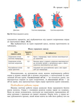 Як працює серце
69
сукупність процесів, які відбуваються від одного скорочення серця
до наступного (мал. 18.1).
Що відбувається за один серцевий цикл, можна простежити за
таблицею.
Фази серцевого циклу
Фаза
серцевого циклу
Тривалість
фази, с
Що відбувається
Скорочення м’язів
(систола) передсердь
0,1 Кров з передсердь через клапани виштовхується
до шлуночків
Скорочення м’язів
(систола) шлуночків
0,3 Венозна кров із правого шлуночка виштовхується
до легеневої артерії, а артеріальна кров з лівого
шлуночка виштовхується до аорти
Розслаблення м’язів
серця (діастола)
0,4 Серцевий м’яз розслаблений, кров з вен надхо-
дить до передсердь
Показниками, за допомогою яких можна порівнювати роботу
серця в різних людей або в різних ситуаціях, є систолічний та хви-
линний об’єми крові. Систолічний об’єм — це кількість крові, що
викидається серцем за одне скорочення. А хвилинний об’єм  — це
об’єм крові, яка прокачується через серце протягом однієї хвилини.
Особливості роботи серця
Наявна система роботи серця дозволяє йому працювати багато
років поспіль. Серце є головним рушієм плину крові по судинах.
Воно не може зупинятися, оскільки це спричинить припинення об-
міну речовин і призведе до смерті людини. Окрім того, у серця не-
має дублюючого органа, який може взяти на себе його роботу хоч на
Систола передсердьДіастола Систола шлуночків
Мал. 18.1. Фази серцевого циклу
 
