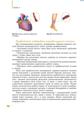 теМа 4
78
профілактика захворювань серцево-судинної системи
Для попередження розвитку захворювань серцево-судинної сис-
теми бажано дотримуватися таких заходів профілактики:
•Активний спосіб життя: через брак руху виникають проблеми
із серцем і судинами.
•Раціональне харчування. Особливо негативно впливає на стан
серця і судин зайва вага тіла.
•Відмова від шкідливих звичок: куріння та алкоголь завдають
непоправної шкоди серцю.
•Вчасний періодичний відпочинок і психологічне розвантаження:
надмірні навантаження порушують роботу серця.
•Контроль свого артеріального тиску та профілактичні огляди
в лікаря.
Чому для профілактики захворювань серцево-судинної системи
таким важливим є активний спосіб життя? Причин декілька. Так,
під час регулярних фізичних навантажень відбувається тренування
серцевого м’яза, у результаті чого він працює більш ефективно. Окрім
того, завдяки регулярним фізичним навантаженням зміцнюються
і краще працюють інші м’язи тіла. А вони, у свою чергу, під час
скорочення сприяють просуванню крові по венах до серця. Таким
чином полегшується робота серця. А полегшувати її дуже потрібно,
оскільки серце є непарним органом і повинно безперервно й надійно
працювати протягом усього життя людини.
Через недостатнє фізичне навантаження і малорухомий спосіб
життя уповільнюється рух крові у венах. Її зворотний рух немож-
ливий через клапани, які є в цих судинах. Надто повільний рух
уперед спричиняє накопичення крові й виникнення варикозного роз-
ширення вен.
Мал. 20.2. Серце, уражене інфарктом
міокарда
Мал. 20.3. Тромбофлебіт
 