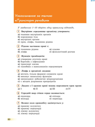 80
Узагальнення за темою
«Транспорт речовин»
У завданнях 1–10 оберіть одну правильну відповідь.
1	Внутрішнє середовище організму утворюють:
а)	 тканини внутрішніх органів
б)	 порожнини тіла
в)	 внутрішні органи
г)	 кров, лімфа, тканинна рідина
2	Рідкою частиною крові є:
а)	 тканинна рідина	 в)	 плазма
б)	 лімфа	 г)	 фізіологічний розчин
3	Функція тромбоцитів:
а)	 утворення згустків крові
б)	 боротьба з інфекціями
в)	 транспорт кисню
г)	 газообмін з навколишнім середовищем
4	Лімфа в організмі людини:
а)	 містить тільки формені елементи крові
б)	 виконує запасальну функцію
в)	 знешкоджує небезпечні мікроорганізми
г)	 є місцем дозрівання еритроцитів
5	Людям з I групою крові можна переливати кров групи:
а)	 I	 б)	II	 в)	III	 г)	IV
6	Середній шар стінки серця називається:
а)	 ендокард	 в)	 епікард
б)	 міокард	 г)	 перикард
7	Велике коло кровообігу закінчується у:
а)	 правому шлуночку
б)	 правому передсерді
в)	 лівому шлуночку
г)	 лівому передсерді
 