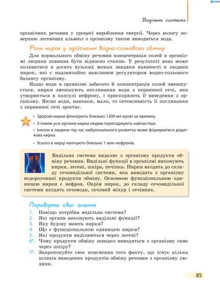 Видільна система
85
органічних речовин у процесі вироблення енергії. Через вологу по-
верхню легеневих альвеол з організму також виводиться вода.
Роль нирок у здійсненні водно-сольового обміну
Для нормального обміну речовин концентрація солей в організ-
мі людини повинна бути відносно сталою. У результаті вона може
коливатися в досить вузьких межах завдяки наявності в людини
нирок, які є надзвичайно важливим регулятором водно-сольового
балансу організму.
Якщо води в організмі забагато й концентрація солей зменшу-
ється, нирки зменшують поглинання води з первинної сечі, яка
утворюється в капсулі нефрону, і прискорюють її виведення з ор-
ганізму. Якщо води, навпаки, мало, то інтенсивність її поглинання
з первинної сечі зростає.
• Здорові нирки фільтрують близько 1200 мл крові за хвилину.
• З-поміж усіх органів нирки людям пересаджують найчастіше.
• Інколи в людини під час ембріонального розвитку може формуватися додат-
кова нирка.
• Усього в нирці налічують близько 1 млн нефронів.
Видільна система видаляє з організму продукти об-
міну речовин. Видільні функції в організмі виконують
нирки, легені, шкіра, печінка. Нирки входять до скла-
ду сечовидільної системи, яка виводить з організму
водорозчинні продукти обміну. Основною функціональною оди-
ницею нирки є нефрон. Окрім нирок, до складу сечовидільної
системи входять сечоводи, сечовий міхур і сечівник.
перевірте свої знання
1. Навіщо потрібна видільна система?
2. Які органи виконують видільні функції?
3. Яку будову мають нирки?
4. Що є функціональною одиницею нирки?
5. Які продукти виділяються через легені?
6*. Чому продукти обміну швидко виводяться з організму саме
через шкіру?
7*. Запропонуйте своє пояснення того факту, що існує кілька
шляхів виведення продуктів обміну речовин з організму лю-
дини.
 