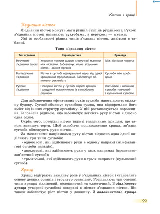 Кістки і хрящі
99
З’єднання кісток
З’єднання кісток можуть мати різний ступінь рухливості. Рухомі
з’єднання кісток називають суглобами, а нерухомі — швами.
Які ж особливості різних типів з’єднань кісток, дивіться в та-
блиці.
Типи з’єднання кісток
Тип з’єднання Характеристика Приклади
Нерухоме
з’єднання (шов)
Утворене тонким шаром сполучної тканини
між кістками. Забезпечує міцне з’єднання
кісток і захист органів
Між кістками черепа
Напіврухоме
з’єднання
Кістки в суглобі відокремлені одна від одної
хрящовими прокладками. Забезпечує об-
межену рухливість
Суглоби між хреб-
цями
Рухоме
з’єднання
Поверхні кісток у суглобі вкриті хрящем
і  розділені порожниною із суглобовою
рідиною
Ліктьовий і колінний
суглоби, плечовий
і  кульшовий суглоби
Для забезпечення ефективних рухів суглоби мають досить склад-
ну будову. Суглоб обмежує суглобова сумка, яка відокремлює його
вміст від інших структур організму. У ній розташовується порожни-
на, заповнена рідиною, яка забезпечує легкість руху кісток відносно
одна одної.
Окрім того, поверхні кісток вкриті гладеньким хрящем, що та-
кож зменшує тертя. Щоб запобігти пошкодженню хряща, зв’язки
суглоба обмежують рухи кісток.
За можливими напрямками руху кісток відносно одна одної ви-
діляють три типи суглобів:
•	одноосьові, які здійснюють рухи в одному напрямі (міжфалан-
гові суглоби пальців);
•	двохосьові, які здійснюють рухи у двох напрямах (променево-
зап’ястний суглоб);
•	трьохосьові, які здійснюють рухи в трьох напрямах (кульшовий
суглоб).
Хрящі
Хрящі відіграють важливу роль у з’єднаннях кісток і становлять
основу деяких органів і структур організму. Розрізняють три основні
типи хряща: гіаліновий, волокнистий та еластичний. З гіалінового
хряща утворені суглобові поверхні в місцях з’єднання кісток. Він
також забезпечує ріст кісток у довжину. З волокнистого хряща
 
