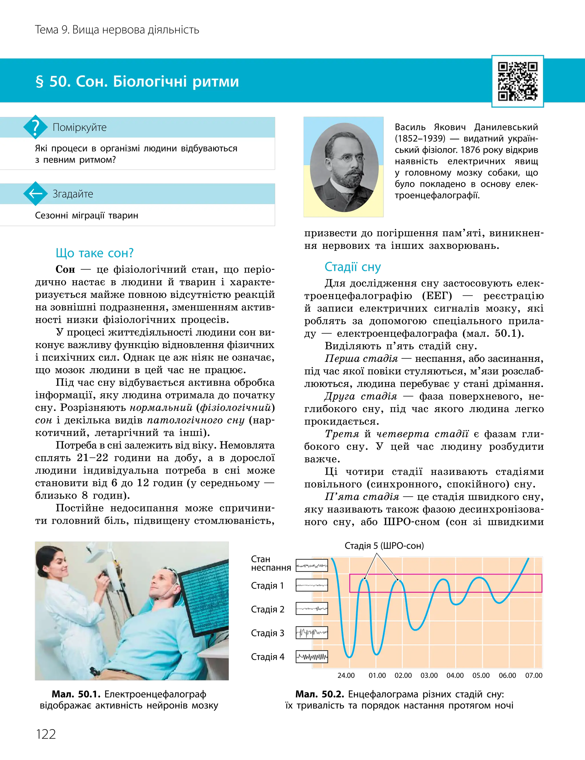 122
Тема 9. Вища нервова діяльність
Сезонні міграції тварин
Згадайте
§ 50. Сон. Біологічні ритми
Які процеси в організмі людини відбуваються
з певним ритмом?
Поміркуйте
Що таке сон?
Сон — це фізіологічний стан, що періо-
дично настає в людини й тварин і характе-
ризується майже повною відсутністю реакцій
на зовнішні подразнення, зменшенням актив-
ності низки фізіологічних процесів.
У процесі життєдіяльності людини сон ви-
конує важливу функцію відновлення фізичних
і психічних сил. Однак це аж ніяк не означає,
що мозок людини в цей час не працює.
Під час сну відбувається активна обробка
інформації, яку людина отримала до початку
сну. Розрізняють нормальний (фізіологічний)
сон і декілька видів патологічного сну (нар-
котичний, летаргічний та інші).
Потреба в сні залежить від віку. Немовлята
сплять 21–22 години на добу, а в дорослої
людини індивідуальна потреба в сні може
становити від 6 до 12 годин (у середньому —
близько 8 годин).
Постійне недосипання може спричини-
ти головний біль, підвищену стомлюваність,
призвести до погіршення пам’яті, виникнен-
ня нервових та інших захворювань.
Стадії сну
Для дослідження сну застосовують елек-
троенцефалографію (ЕЕГ) — реєстрацію
й записи електричних сигналів мозку, які
роблять за допомогою спеціального прила-
ду — електроенцефалографа (мал. 50.1).
Виділяють п’ять стадій сну.
Перша стадія — неспання, або засинання,
під час якої повіки стуляються, м’язи розслаб
­
люються, людина перебуває у стані дрімання.
Друга стадія — фаза поверхневого, не-
глибокого сну, під час якого людина легко
прокидається.
Третя й четверта стадії є фазам гли-
бокого сну. У цей час людину розбудити
важче.
Ці чотири стадії називають стадіями
повільного (синхронного, спокійного) сну.
П’ята стадія — це стадія швидкого сну,
яку називають також фазою десинхронізова-
ного сну, або ШРО-сном (сон зі швидкими
Мал. 50.1. Електроенцефалограф
відображає активність нейронів мозку
Стан
неспання
Стадія 1
Стадія 2
Стадія 3
Стадія 4
Стадія 5 (ШРО
-
сон)
24.00 01.00 02.00 03.00 04.00 05.00 06.00 07.00
Мал. 50.2. Енцефалограма різних стадій сну:
їх тривалість та порядок настання протягом ночі
Василь Якович Данилевський
(1852–1939) — видатний україн­
ський фізіолог. 1876 року відкрив
наявність електричних явищ
у головному мозку собаки, що
було покладено в основу елек­
троенцефалографії.
 