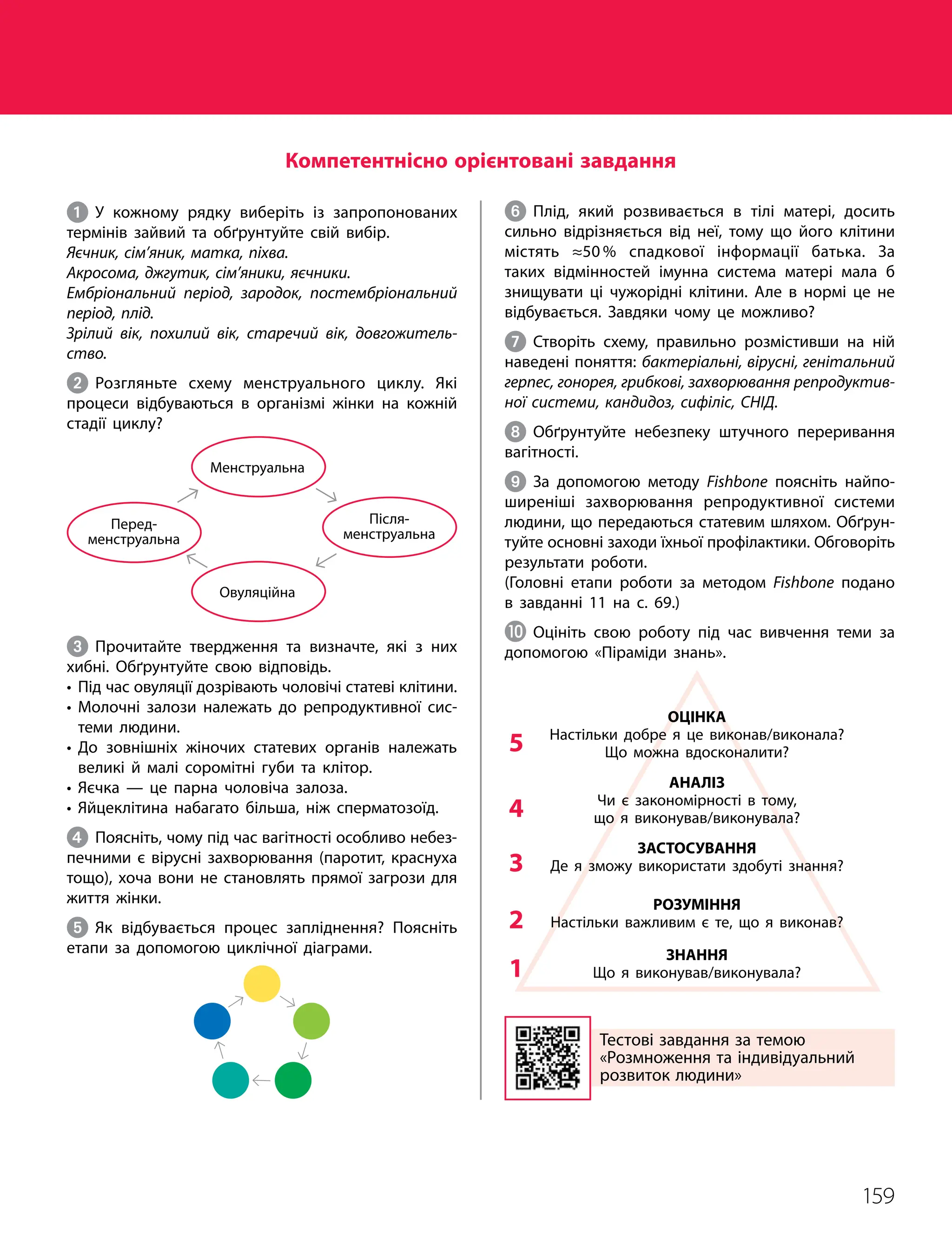 159
Тема 11. Розмноження та індивідуальний розвиток людини
1 У кожному рядку виберіть із запропонованих
термінів зайвий та обґрунтуйте свій вибір.
Яєчник, сім’яник, матка, піхва.
Акросома, джгутик, сім’яники, яєчники.
Ембріональний період, зародок, постембріональний
період, плід.
Зрілий вік, похилий вік, старечий вік, довгожитель-
ство.
2 Розгляньте схему менструального циклу. Які
процеси відбуваються в організмі жінки на кожній
стадії циклу?
Менструальна
Після­
менструальна
Овуляційна
Перед­
менструальна
3 Прочитайте твердження та визначте, які з них
хибні. Обґрунтуйте свою відповідь.
• 
Під час овуляції дозрівають чоловічі статеві клітини.
• 
Молочні залози належать до репродуктивної сис­
теми людини.
• 
До зовнішніх жіночих статевих органів належать
великі й малі соромітні губи та клітор.
• Яєчка — це парна чоловіча залоза.
• Яйцеклітина набагато більша, ніж сперматозоїд.
4 Поясніть, чому під час вагітності особливо небез­
печними є вірусні захворювання (паротит, краснуха
тощо), хоча вони не становлять прямої загрози для
життя жінки.
5 Як відбувається процес запліднення? Поясніть
етапи за допомогою циклічної діаграми.
Тестові завдання за темою
«Розмноження та індивідуальний
розвиток людини»
Компетентнісно орієнтовані завдання
6 Плід, який розвивається в тілі матері, досить
сильно відрізняється від неї, тому що його клітини
містять ≈50 % спадкової інформації батька. За
таких відмінностей імунна система матері мала б
знищувати ці чужорідні клітини. Але в нормі це не
відбувається. Завдяки чому це можливо?
7 Створіть схему, правильно розмістивши на ній
наведені поняття: бактеріальні, вірусні, генітальний
герпес, гонорея, грибкові, захворювання репродуктив-
ної системи, кандидоз, сифіліс, СНІД.
8 Обґрунтуйте небезпеку штучного переривання
вагітності.
9 За допомогою методу Fishbone поясніть найпо­
ширеніші захворювання репродуктивної системи
людини, що передаються статевим шляхом. Обґрун­
туйте основні заходи їхньої профілактики. Обговоріть
результати роботи.
(Головні етапи роботи за методом Fishbone подано
в завданні 11 на с. 69.)
J Оцініть свою роботу під час вивчення теми за
допомогою «Піраміди знань».
ОЦІНКА
Настільки добре я це виконав/виконала?
Що можна вдосконалити?
5
АНАЛІЗ
Чи є закономірності в тому,
що я виконував/виконувала?
4
ЗАСТОСУВАННЯ
Де я зможу використати здобуті знання?
3
РОЗУМІННЯ
Настільки важливим є те, що я виконав?
2
ЗНАННЯ
Що я виконував/виконувала?
1
 