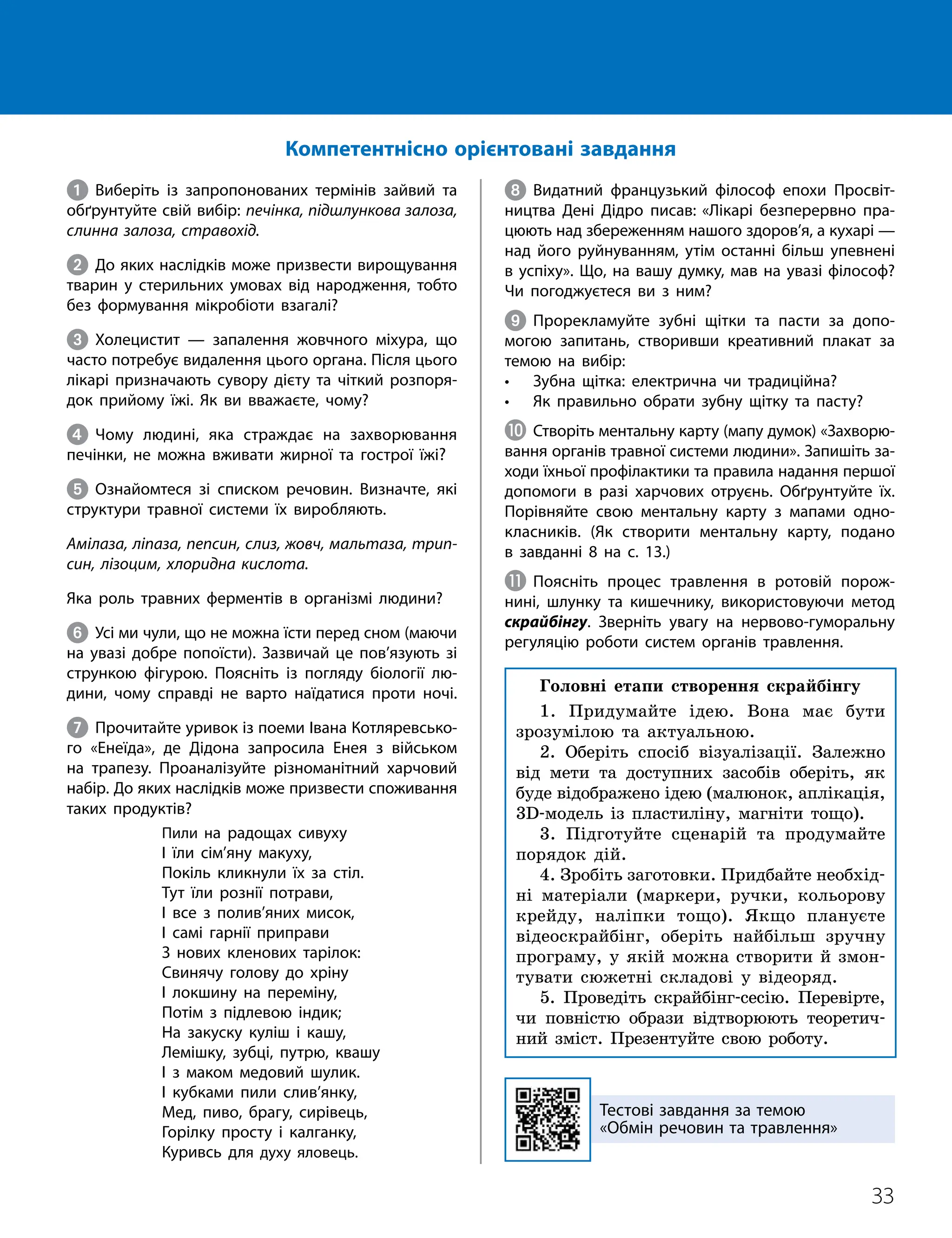 33
Тема 2. Обмін речовин та травлення
1 Виберіть із запропонованих термінів зайвий та
обґрунтуйте свій вибір: печінка, підшлункова залоза,
слинна залоза, стравохід.
2 До яких наслідків може призвести вирощування
тварин у стерильних умовах від народження, тобто
без формування мікробіоти взагалі?
3 Холецистит — запалення жовчного міхура, що
часто потребує видалення цього органа. Після цього
лікарі призначають сувору дієту та чіткий розпоря­
док прийому їжі. Як ви вважаєте, чому?
4 Чому людині, яка страждає на захворювання
печінки, не можна вживати жирної та гострої їжі?
5 Ознайомтеся зі списком речовин. Визначте, які
структури травної системи їх виробляють.
Амілаза, ліпаза, пепсин, слиз, жовч, мальтаза, трип-
син, лізоцим, хлоридна кислота.
Яка роль травних ферментів в організмі людини?
6 Усі ми чули, що не можна їсти перед сном (маючи
на увазі добре попоїсти). Зазвичай це пов’язують зі
стрункою фігурою. Поясніть із погляду біології лю­
дини, чому справді не варто наїдатися проти ночі.
7 Прочитайте уривок із поеми Івана Котляревсько­
го «Енеїда», де Дідона запросила Енея з військом
на трапезу. Проаналізуйте різноманітний харчовий
набір. До яких наслідків може призвести споживання
таких продуктів?
Пили на радощах сивуху
І їли сім’яну макуху,
Покіль кликнули їх за стіл.
Тут їли рознії потрави,
І все з полив’яних мисок,
І самі гарнії приправи
З нових кленових тарілок:
Свинячу голову до хріну
І локшину на переміну,
Потім з підлевою індик;
На закуску куліш і кашу,
Лемішку, зубці, путрю, квашу
І з маком медовий шулик.
І кубками пили слив’янку,
Мед, пиво, брагу, сирівець,
Горілку просту і калганку,
Куривсь для духу яловець.
8 Видатний французький філософ епохи Просвіт­
ництва Дені Дідро писав: «Лікарі безперервно пра­
цюють над збереженням нашого здоров’я, а кухарі —
над його руйнуванням, утім останні більш упевнені
в успіху». Що, на вашу думку, мав на увазі філософ?
Чи погоджуєтеся ви з ним?
9 Прорекламуйте зубні щітки та пасти за допо­
могою запитань, створивши креативний плакат за
темою на вибір:
• Зубна щітка: електрична чи традиційна?
• Як правильно обрати зубну щітку та пасту?
J Створіть ментальну карту (мапу думок) «Захворю­
вання органів травної системи людини». Запишіть за­
ходи їхньої профілактики та правила надання першої
допомоги в разі харчових отруєнь. Обґрунтуйте їх.
Порівняйте свою ментальну карту з мапами одно­
класників. (Як створити ментальну карту, подано
в завданні 8 на с. 13.)
K Поясніть процес травлення в ротовій порож­
нині, шлунку та кишечнику, використовуючи метод
скрайбінгу. Зверніть увагу на нервово-гуморальну
регуляцію роботи систем органів травлення.
Тестові завдання за темою
«Обмін речовин та травлення»
Компетентнісно орієнтовані завдання
Головні етапи створення скрайбінгу
1. Придумайте ідею. Вона має бути
зрозумілою та актуальною.
2. Оберіть спосіб візуалізації. Залежно
від мети та доступних засобів оберіть, як
буде відображено ідею (малюнок, аплікація,
3D-модель із пластиліну, магніти тощо).
3. Підготуйте сценарій та продумайте
порядок дій.
4. Зробіть заготовки. Придбайте необхід-
ні матеріали (маркери, ручки, кольорову
крейду, наліпки тощо). Якщо плануєте
відеоскрайбінг, оберіть найбільш зручну
програму, у якій можна створити й змон-
тувати сюжетні складові у відеоряд.
5. Проведіть скрайбінг-сесію. Перевірте,
чи повністю образи відтворюють теоретич-
ний зміст. Презентуйте свою роботу.
 