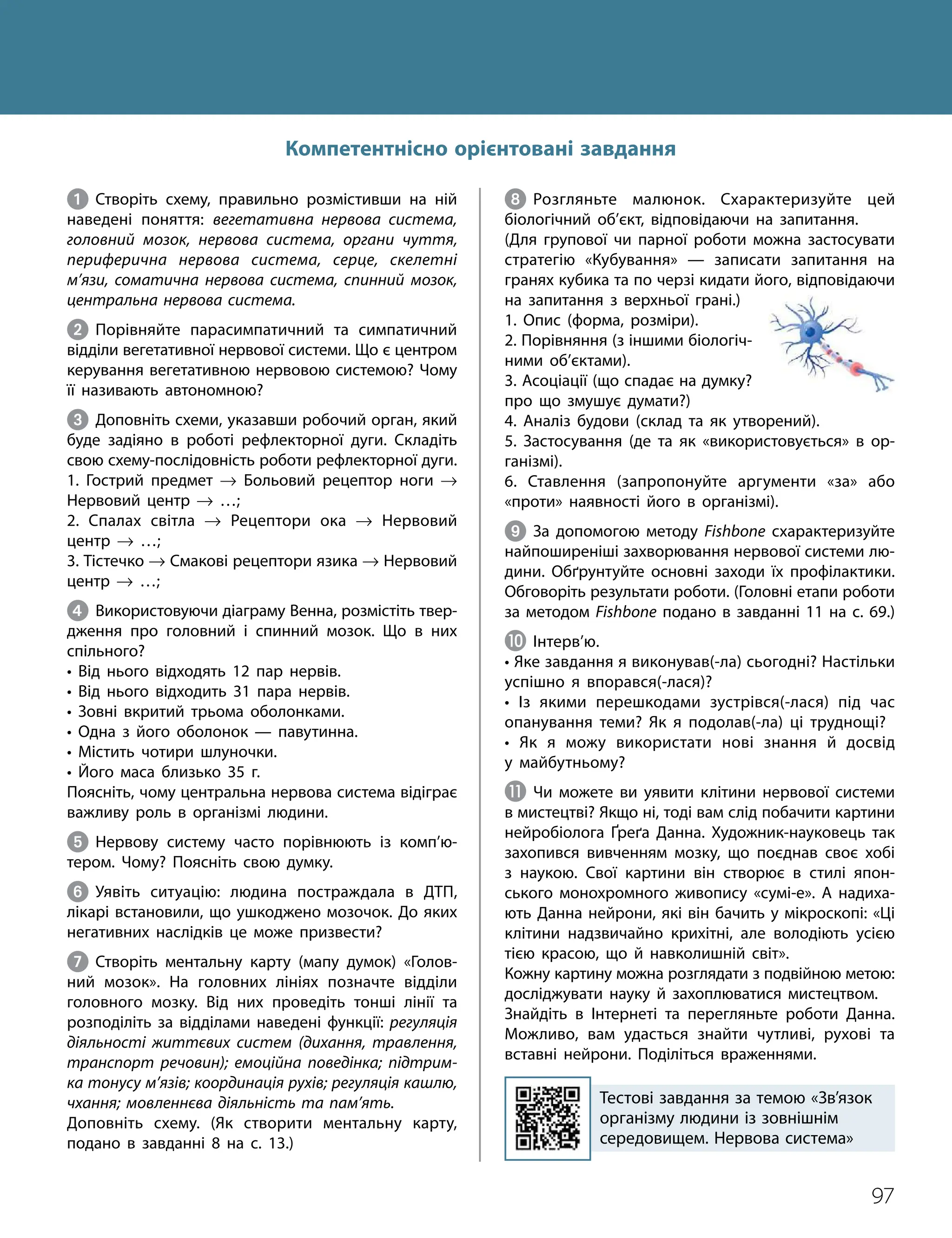 97
Тема 7. Зв’язок організму людини із зовнішнім середовищем. Нервова система
1 Створіть схему, правильно розмістивши на ній
наведені поняття: вегетативна нервова система,
головний мозок, нервова система, органи чуття,
периферична нервова система, серце, скелетні
м’язи, соматична нервова система, спинний мозок,
центральна нервова система.
2 Порівняйте парасимпатичний та симпатичний
відділи вегетативної нервової системи. Що є центром
керування вегетативною нервовою системою? Чому
її називають автономною?
3 Доповніть схеми, указавши робочий орган, який
буде задіяно в роботі рефлекторної дуги. Складіть
свою схему-послідовність роботи рефлекторної дуги.
1. Гострий предмет → Больовий рецептор ноги →
Нервовий центр → …;
2. Спалах світла → Рецептори ока → Нервовий
центр → …;
3. Тістечко → Смакові рецептори язика → Нервовий
центр → …;
4 Використовуючи діаграму Венна, розмістіть твер­
дження про головний і спинний мозок. Що в них
спільного?
• Від нього відходять 12 пар нервів.
• Від нього відходить 31 пара нервів.
• Зовні вкритий трьома оболонками.
• Одна з його оболонок — павутинна.
• Містить чотири шлуночки.
• Його маса близько 35 г.
Поясніть, чому центральна нервова система відіграє
важливу роль в організмі людини.
5 Нервову систему часто порівнюють із комп’ю­
тером. Чому? Поясніть свою думку.
6 Уявіть ситуацію: людина постраждала в ДТП,
лікарі встановили, що ушкоджено мозочок. До яких
негативних наслідків це може призвести?
7 Створіть ментальну карту (мапу думок) «Голов­
ний мозок». На головних лініях позначте відділи
головного мозку. Від них проведіть тонші лінії та
розподіліть за відділами наведені функції: регуляція
діяльності життєвих систем (дихання, травлення,
транспорт речовин); емоційна поведінка; підтрим-
ка тонусу м’язів; координація рухів; регуляція кашлю,
чхання; мовленнєва діяльність та пам’ять.
Доповніть схему. (Як створити ментальну карту,
подано в завданні 8 на с. 13.)
8 Розгляньте малюнок. Схарактеризуйте цей
біологічний об’єкт, відповідаючи на запитання.
(Для групової чи парної роботи можна застосувати
стратегію «Кубування» — записати запитання на
гранях кубика та по черзі кидати його, відповідаючи
на запитання з верхньої грані.)
1. Опис (форма, розміри).
2. Порівняння (з іншими біологіч­
ними об’єктами).
3. Асоціації (що спадає на думку?
про що змушує думати?)
4. Аналіз будови (склад та як утворений).
5. Застосування (де та як «використовується» в ор­
ганізмі).
6. Ставлення (запропонуйте аргументи «за» або
«проти» наявності його в організмі).
9 За допомогою методу Fishbone схарактеризуйте
найпоширеніші захворювання нервової системи лю­
дини. Обґрунтуйте основні заходи їх профілактики.
Обговоріть результати роботи. (Головні етапи роботи
за методом Fishbone подано в завданні 11 на с. 69.)
J Інтерв’ю.
• Яке завдання я виконував(-ла) сьогодні? Настільки
успішно я впорався(-лася)?
• Із якими перешкодами зустрівся(-лася) під час
опанування теми? Як я подолав(-ла) ці труднощі?
• Як я можу використати нові знання й досвід
у майбутньому?
K Чи можете ви уявити клітини нервової системи
в мистецтві? Якщо ні, тоді вам слід побачити картини
нейробіолога Ґреґа Данна. Художник-науковець так
захопився вивченням мозку, що поєднав своє хобі
з наукою. Свої картини він створює в стилі япон­
ського монохромного живопису «сумі-е». А надиха­
ють Данна нейрони, які він бачить у мікроскопі: «Ці
клітини надзвичайно крихітні, але володіють усією
тією красою, що й навколишній світ».
Кожну картину можна розглядати з подвійною метою:
досліджувати науку й захоплюватися мистецтвом.
Знайдіть в Інтернеті та перегляньте роботи Данна.
Можливо, вам удасться знайти чутливі, рухові та
вставні нейрони. Поділіться враженнями.
Тестові завдання за темою «Зв’язок
організму людини із зовнішнім
середовищем. Нервова система»
Компетентнісно орієнтовані завдання
 