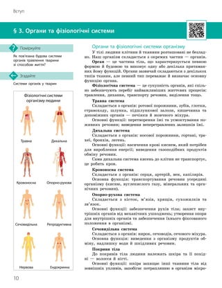 10
Вступ
Як пов’язана будова системи
органів травлення тварини
зі способом життя?
Поміркуйте
§ 3. Органи та фізіологічні системи
Системи органів у тварин
Згадайте
Органи та фізіологічні системи організму
У тілі людини клітини й тканини розташовані не безлад-
но. Наш організм складається з окремих частин — органів.
Орган — це частина тіла, що характеризується певною
формою й будовою та виконує одну або декілька притаман-
них йому функцій. Органи зазвичай складаються з декількох
типів тканин, але певний тип переважає й визначає основну
функцію органа.
Фізіологічна система — це сукупність органів, які спіль-
но забезпечують перебіг найважливіших життєвих процесів:
травлення, дихання, транспорту речовин, виділення тощо.
Травна система
Складається з органів: ротової порожнини, зубів, глотки,
стравоходу, шлунка, підшлункової залози, кишечника та
допоміжних органів — печінки й жовчного міхура.
Основні функції: перетворення їжі та усмоктування по-
живних речовин; виведення неперетравлених залишків їжі.
Дихальна система
Складається з органів: носової порожнини, гортані, тра-
хеї, бронхів, легень.
Основні функції: насичення крові киснем, який потрібен
для вироблення енергії; виведення газоподібних продуктів
обміну речовин.
Сама дихальна система кисень до клітин не транспортує,
це робить кров.
Кровоносна система
Складається з органів: серця, артерій, вен, капілярів.
Основна функція: транспортування речовин усередині
організму (кисню, вуглекислого газу, мінеральних та орга-
нічних речовин).
Опорно-рухова система
Складається з кісток, м’язів, хрящів, сухожилків та
зв’язок.
Основні функції: забезпечення рухів тіла; захист вну-
трішніх органів від механічних ушкоджень; утворення опори
для внутрішніх органів та забезпечення їхнього фіксованого
положення в організмі.
Сечовидільна система
Складається з органів: нирок, сечоводів, сечового міхура.
Основна функція: виведення з організму продуктів об-
міну, надлишку води й шкідливих речовин.
Покриви тіла
До покривів тіла людини належать шкіра та її похід-
ні — волосся й нігті.
Основні функції: шкіра захищає інші тканини тіла від
зовнішніх упливів, запобігає потраплянню в організм мікро-
Травна
Кровоносна
Сечовидільна
Дихальна
Опорно
-
рухова
Репродуктивна
Нервова Ендокринна
Фізіологічні системи
організму людини
 