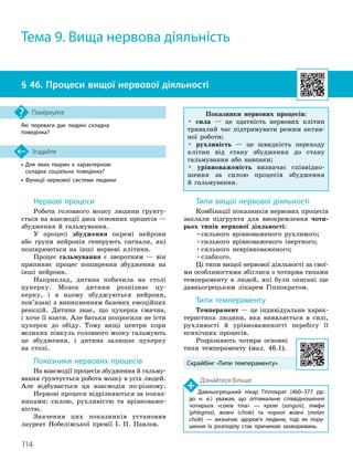 114
•

Для яких тварин є характерною
складна соціальна поведінка?
• Функції нервової системи людини
Згадайте
§ 46. Процеси вищої нервової діяльності
Які переваги дає людині складна
поведінка?
Поміркуйте
Нервові процеси
Робота головного мозку людини ґрунту-
ється на взаємодії двох основних процесів —
збудження й гальмування.
У процесі збудження окремі нейрони
або групи нейронів генерують сигнали, які
поширюються на інші нервові клітини.
Процес гальмування є зворотним — він
припиняє процес поширення збудження на
інші нейрони.
Наприклад, дитина побачила на столі
цукерку. Мозок дитини розпізнає цу-
керку, і в ньому збуджуються нейрони,
пов’язані з виникненням базових емоційних
реакцій. Дитина знає, що цукерка смачна,
і хоче її взяти. Але батьки попросили не їсти
цукерок до обіду. Тому вищі центри кори
великих півкуль головного мозку гальмують
це збудження, і дитина залишає цукерку
на столі.
Показники нервових процесів
На взаємодії процесів збудження й гальму-
вання ґрунтується робота мозку в усіх людей.
Але відбувається ця взаємодія по-різному.
Нер
­
вові процеси відрізняються за показ-
никами: силою, рухливістю та врівноваже-
ністю.
Значення цих показників установив
лауреат Нобелівської премії І. П. Павлов.
Типи вищої нервової діяльності
Комбінації показників нервових процесів
заклали підґрунтя для виокремлення чоти-
рьох типів нервової діяльності:
•сильного врівноваженого рухливого;
•сильного врівноваженого інертного;
•сильного неврівноваженого;
•слабкого.
Ці типи вищої нервової діяльності за свої
­
ми особливостями збіглися з чотирма типами
темпераменту в людей, які були описані ще
давньогрецьким лікарем Гіппократом.
Типи темпераменту
Темперамент — це індивідуальна харак-
теристика людини, яка виявляється в силі,
рухливості й урівноваженості перебігу її
психічних процесів.
Розрізняють чотири основні
типи темпераменту (мал. 46.1).
Тема 9. Вища нервова діяльність
Дізнайтеся більше
Давньогрецький лікар Гіппократ (460–377 рр.
до н. е.) уважав, що оптимальне співвідношення
чотирьох «соків тіла» — крові (sanguis), лімфи
(phlegma), жовчі (chole) та чорної жовчі (melan
chole) — визначає здоров’я людини, тоді як пору­
шення їх розподілу стає причиною захворювань.
Скрайбінг «Типи темпераменту»
Показники нервових процесів:
• сила — це здатність нервових клітин
тривалий час підтримувати режим актив-
ної роботи;
• рухливість — це швидкість пере
­
ходу
клітин від стану збудження до стану
гальмування або навпаки;
• урівноваженість визначає співвідно-
шення за силою процесів збудження
й гальмування.
 